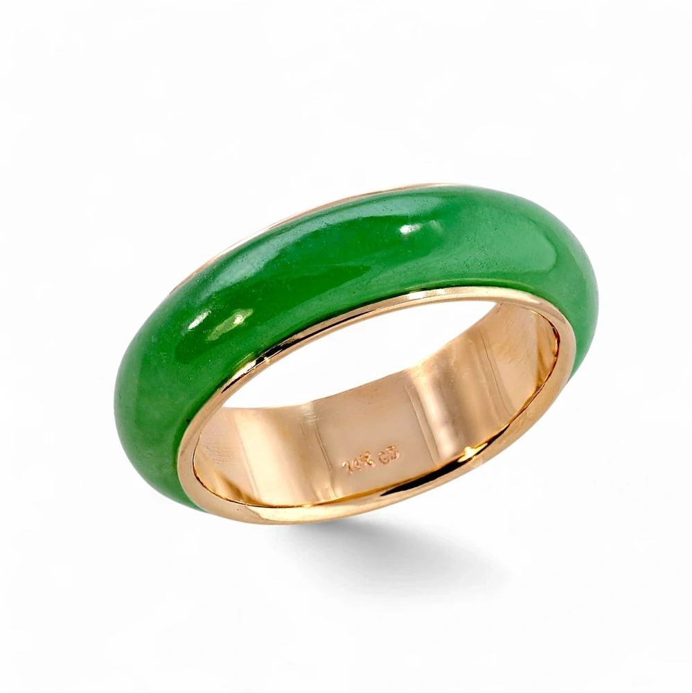 14K Gold Imperial Green Jade Band Ring, Genuine Jadeite Jewelry