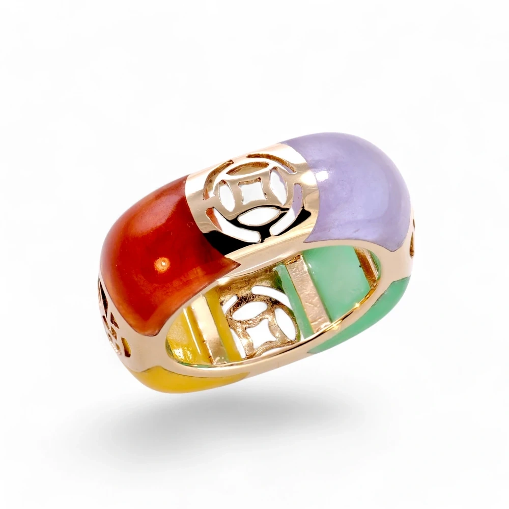 Multi Color Jadeite Jade Ring in Solid 14K Yellow Gold