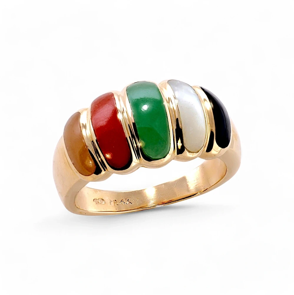 Multi Color Jadeite Jade Ring in Solid 14K Yellow Gold