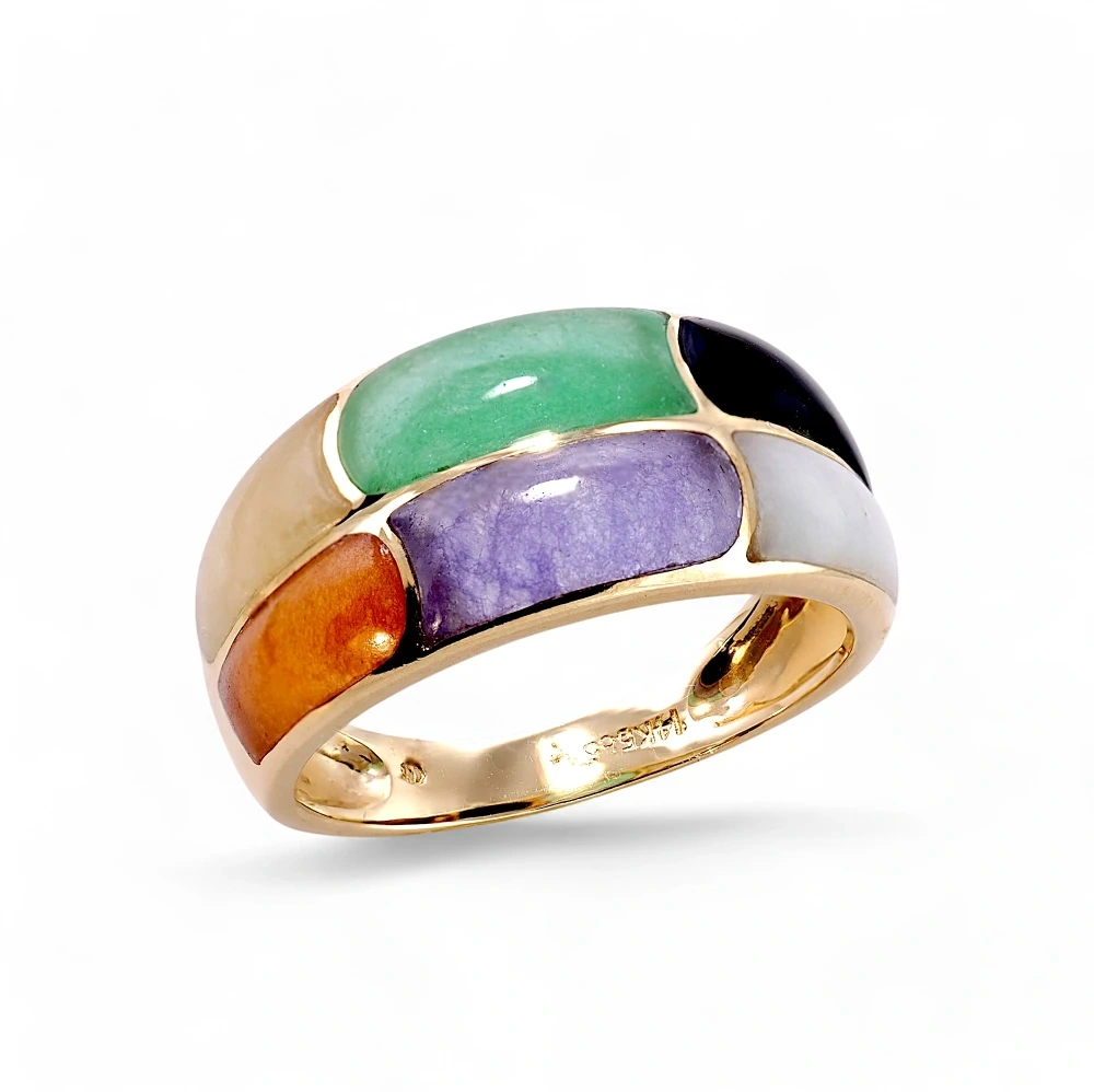 Multi Color Jadeite Jade Ring in Solid 14K Yellow Gold