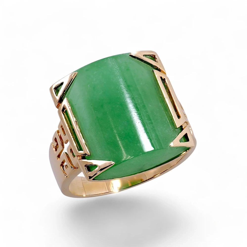 14K Gold Green Jade Ring, Rectangular Jadeite Ring