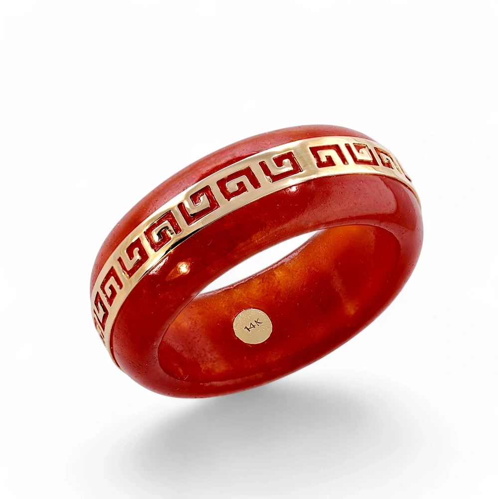 14K Gold Red Jade Greek Key Ring, Genuine Jadeite Jewelry
