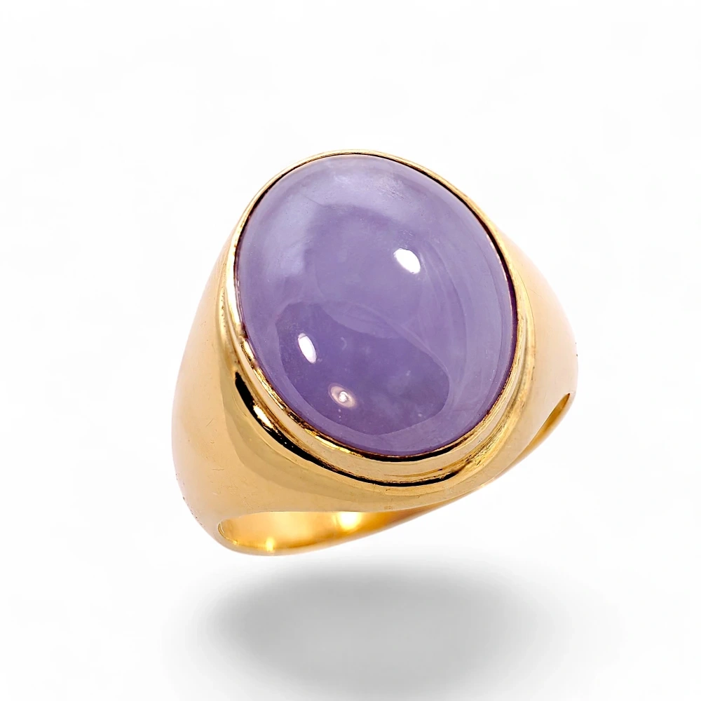 14K Gold Lavender Jade Cabochon Ring, Genuine Jadeite Jewelry