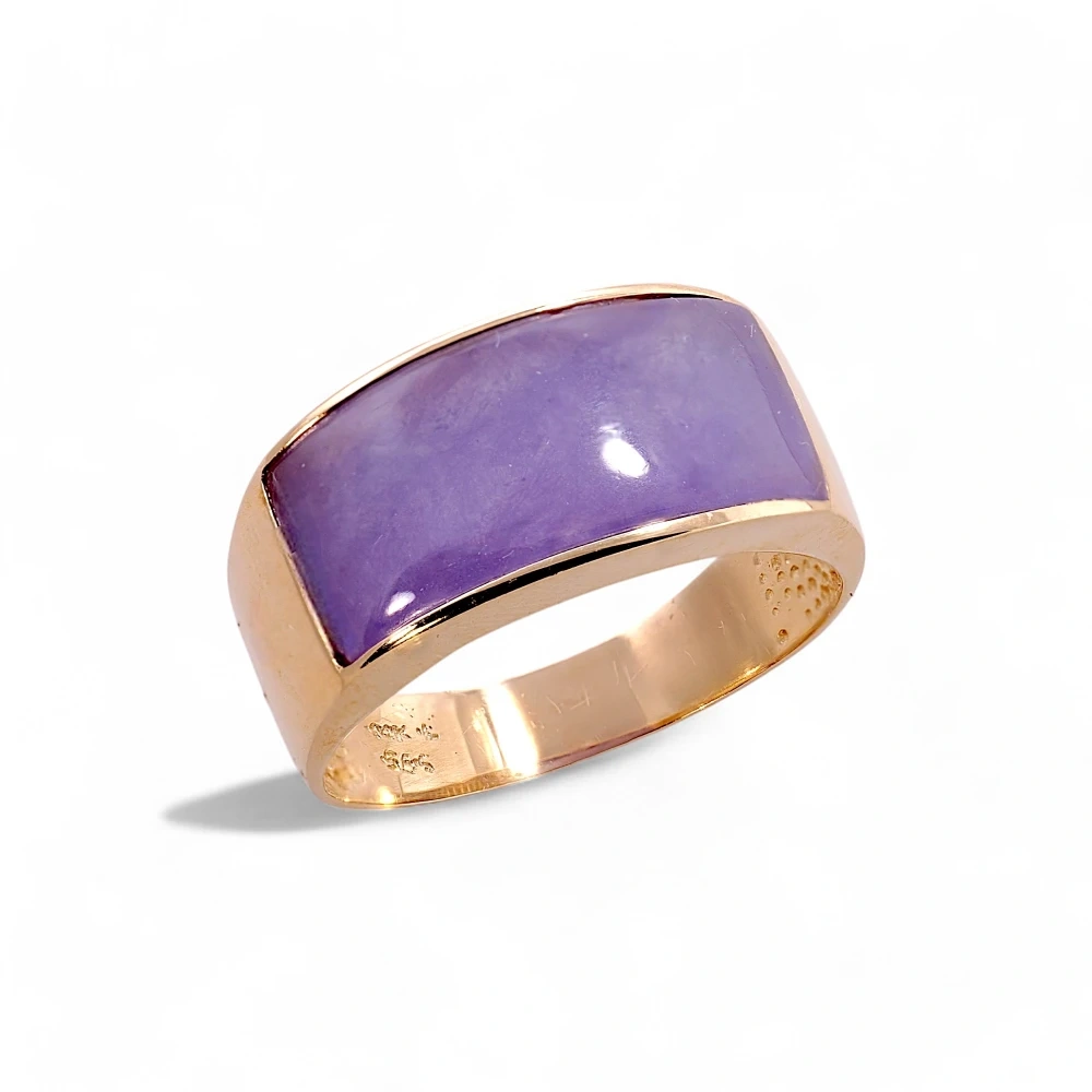 14K Gold Lavender Jade Saddle Bar Ring, Genuine Jadeite Jewelry