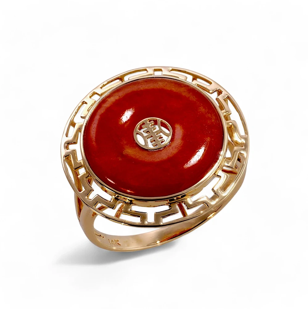 Solid 14K Yellow Gold Red Jade Disc Ring