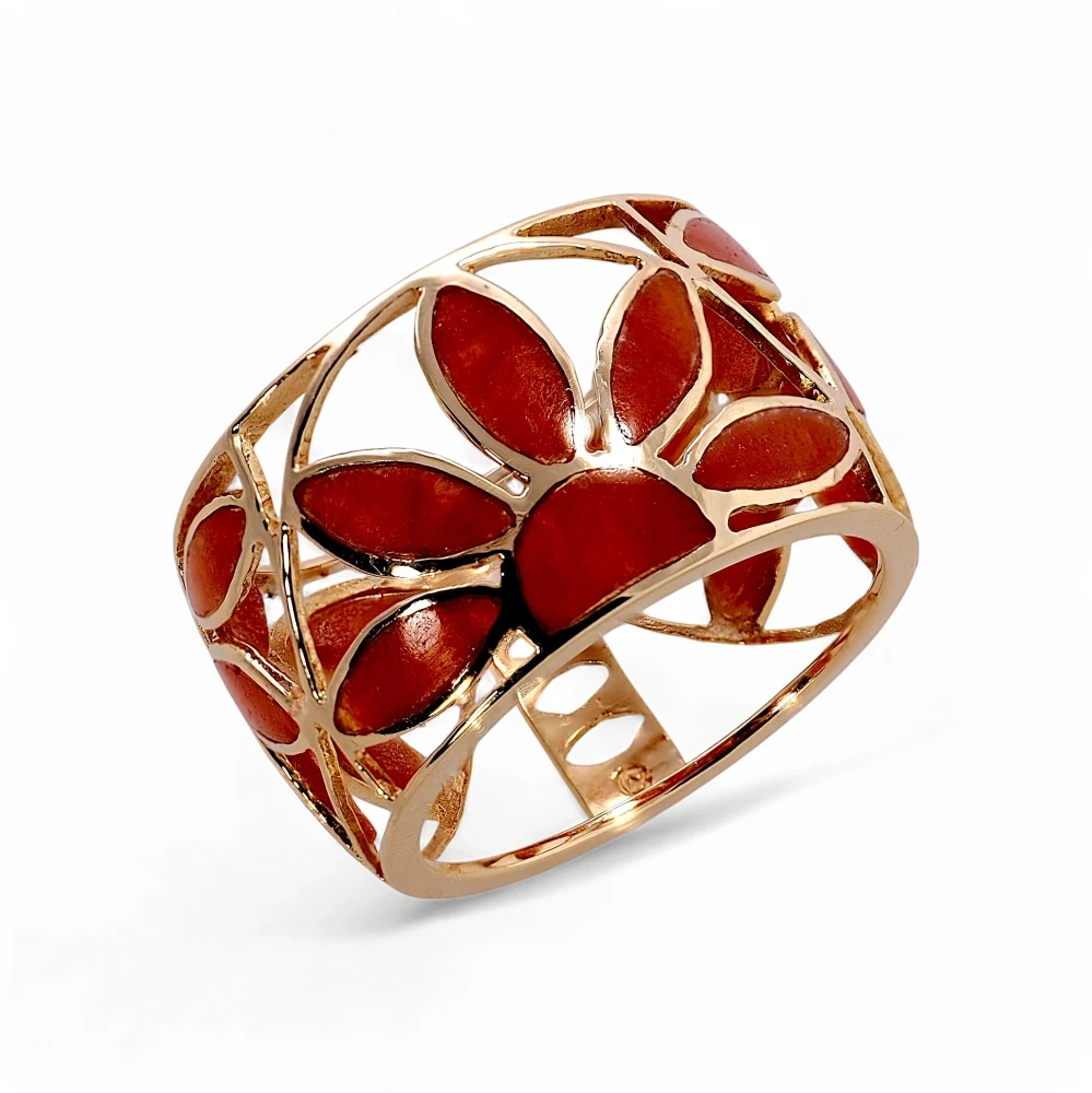 Solid 14K Yellow Gold Red Jade Flower Ring