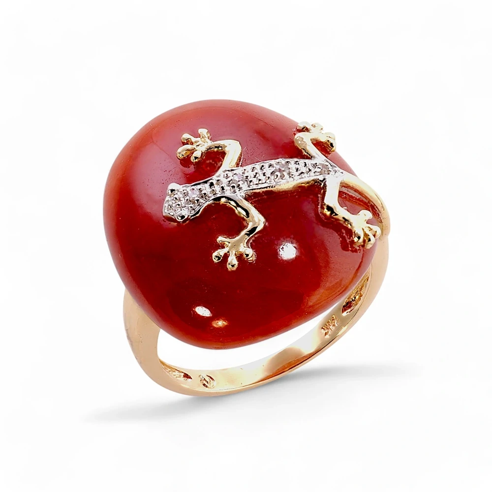 Solid 14K Gold Red Jade Gecko Ring, Genuine Jadeite Jewelry