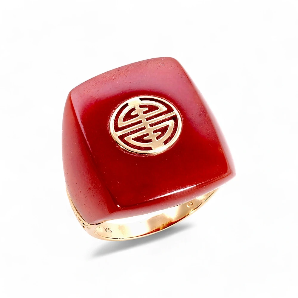 Solid 14K Yellow Gold Red Jade Longevity Ring