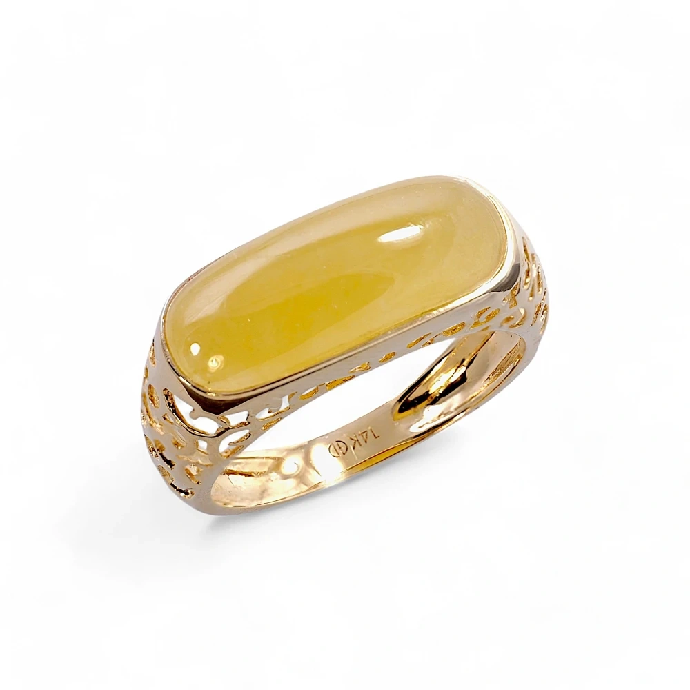 Solid 14K Yellow Gold Yellow Jade Saddle Ring