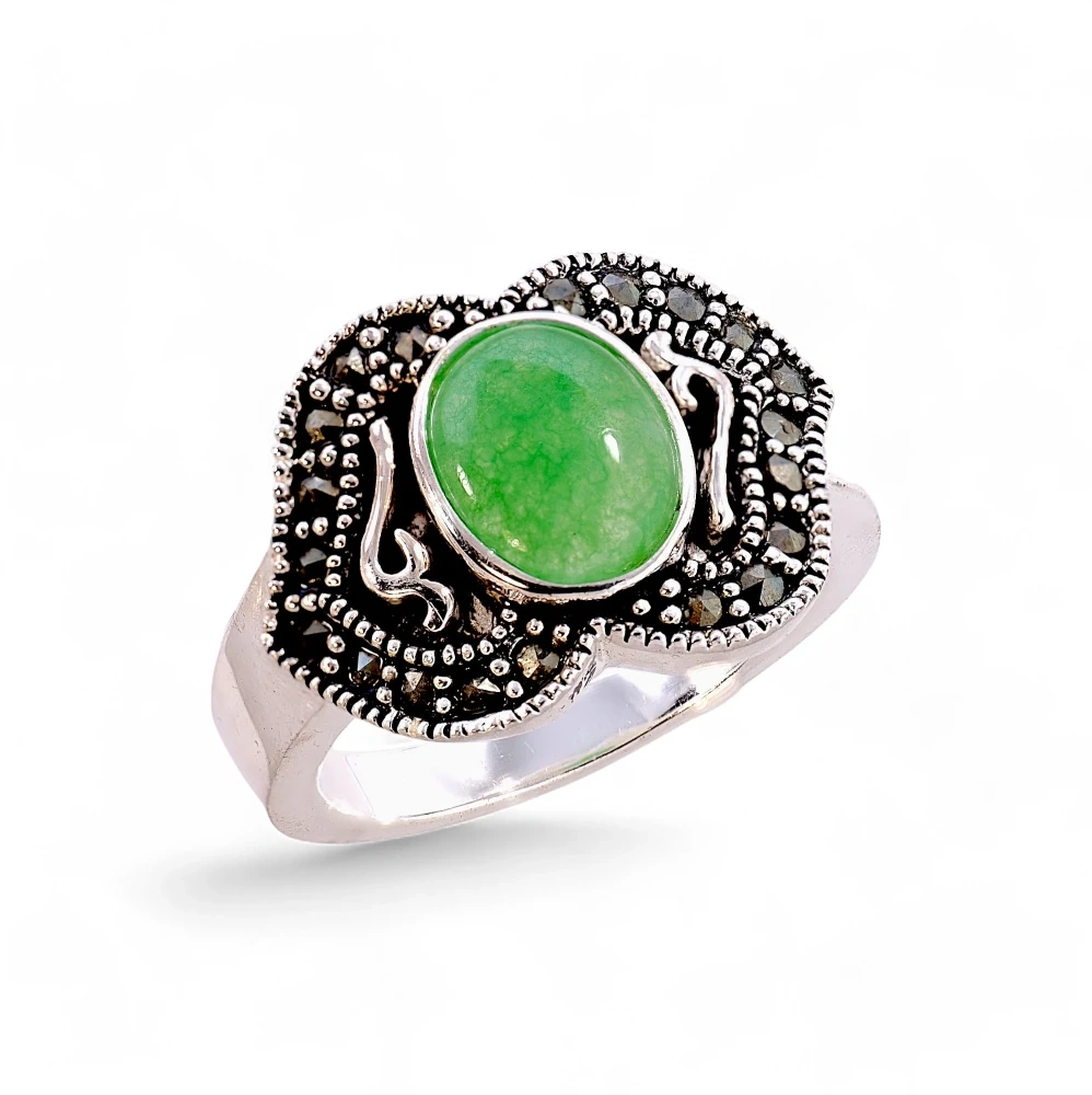 Green Jade & Marcasite Jade Ring in Sterling Silver