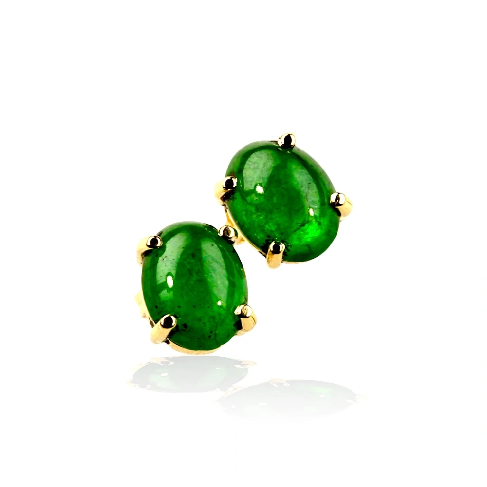 Imperial Green Jade Cabochon Stud Earrings in Solid 14K Yellow Gold