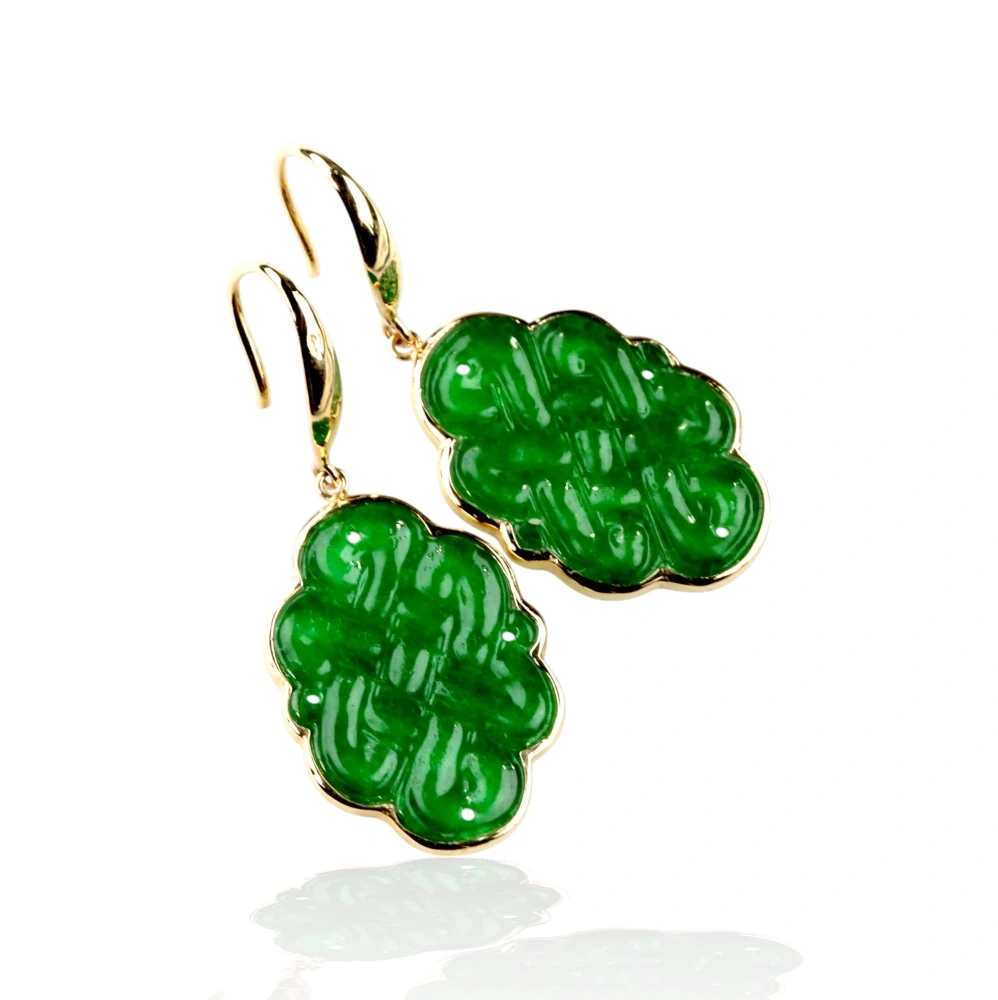 Imperial Green Jade Longevity Knot Earrings in Solid 14K Yellow Gold