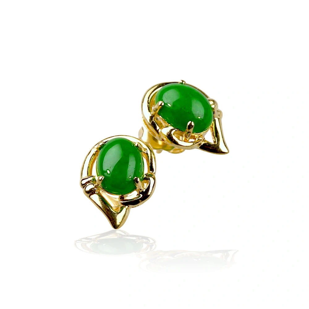 Imperial Green Jade Modern Stud Earrings in Solid 14K Yellow Gold