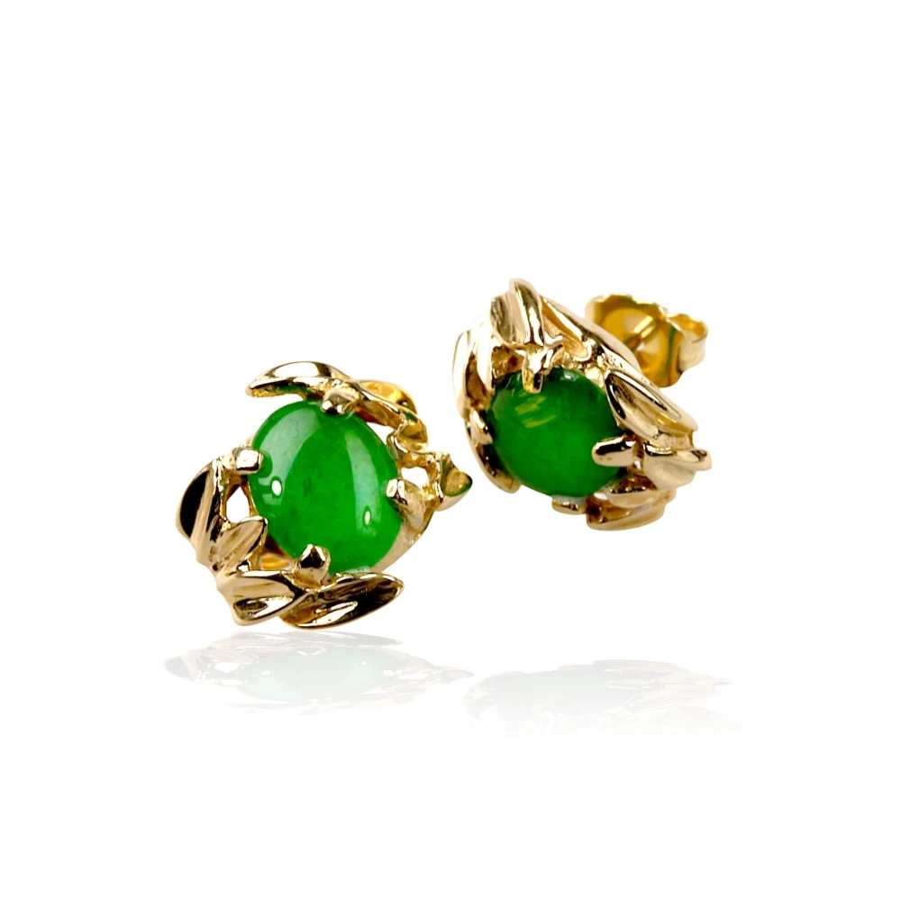 Imperial Green Jade Oval Stud Earrings in Solid 14K Yellow Gold