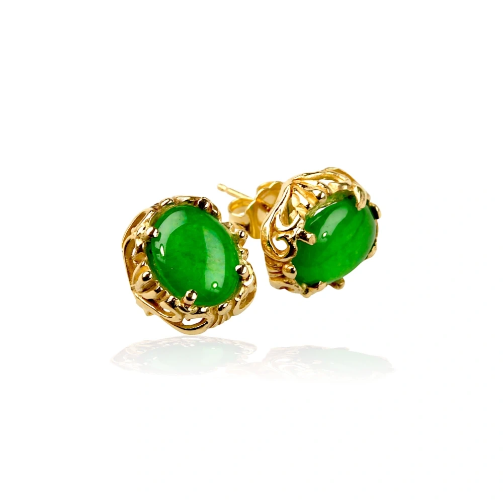 Imperial Green Jade Vintage Stud Earrings in Solid 14K Yellow Gold