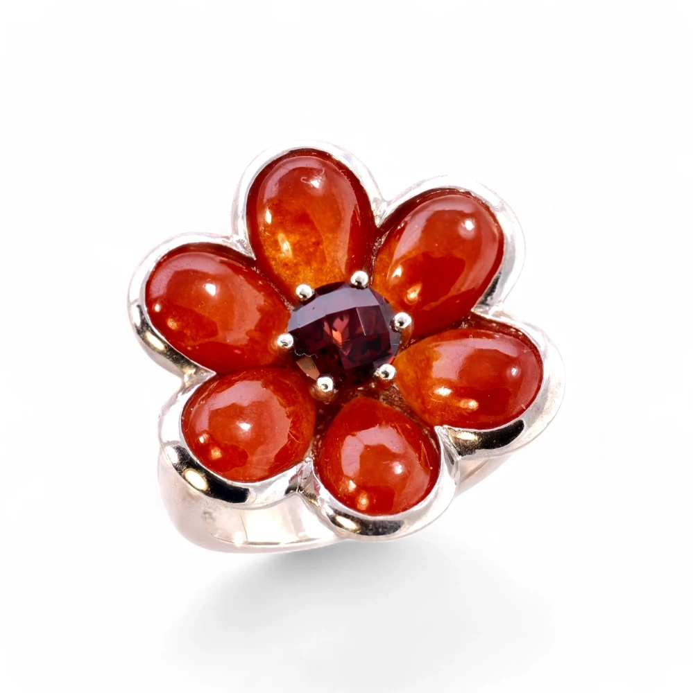 Red Jade Flower Ring with Garnet in Sterling Silver