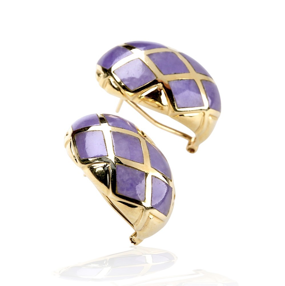 14K Gold Lavender Jade Geometric Dome Omega Back Earrings