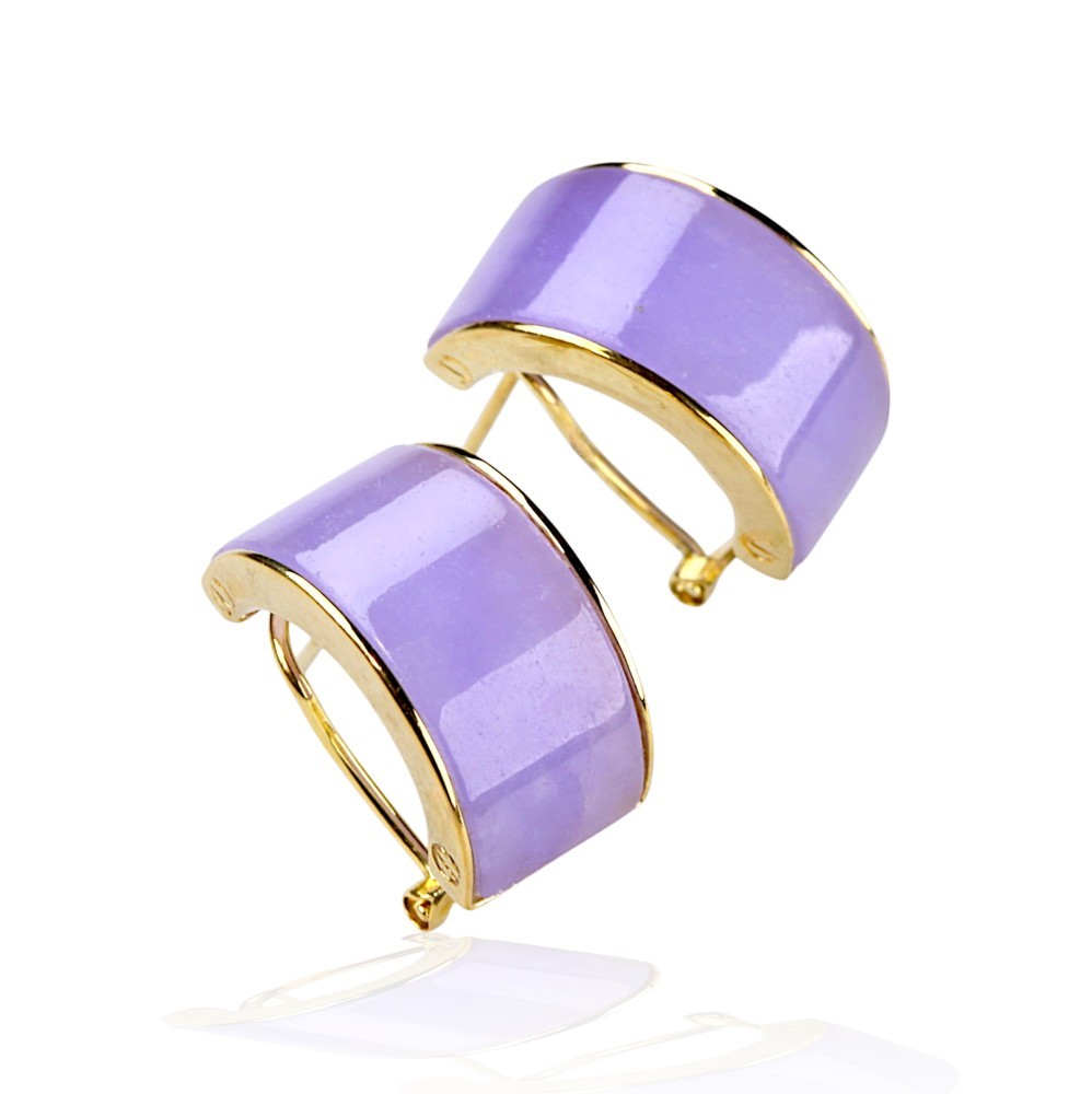 14K Gold Lavender Jade Wide Hoop Omega Back Earrings