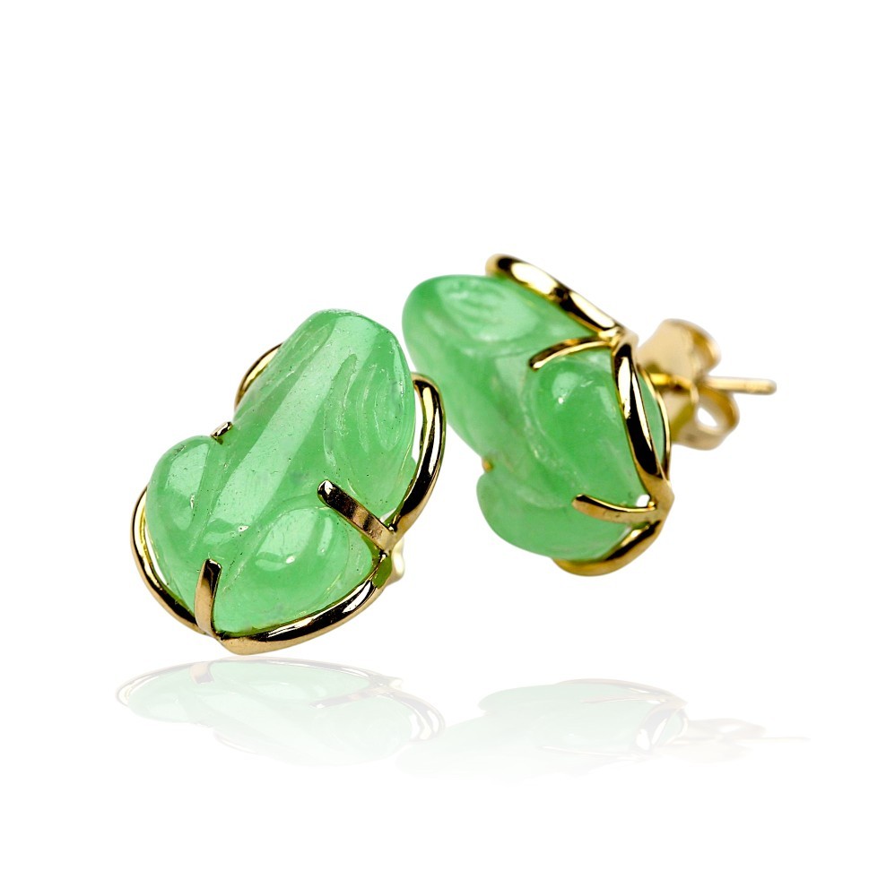 14K Gold Carved Green Jade Frog Stud Earrings