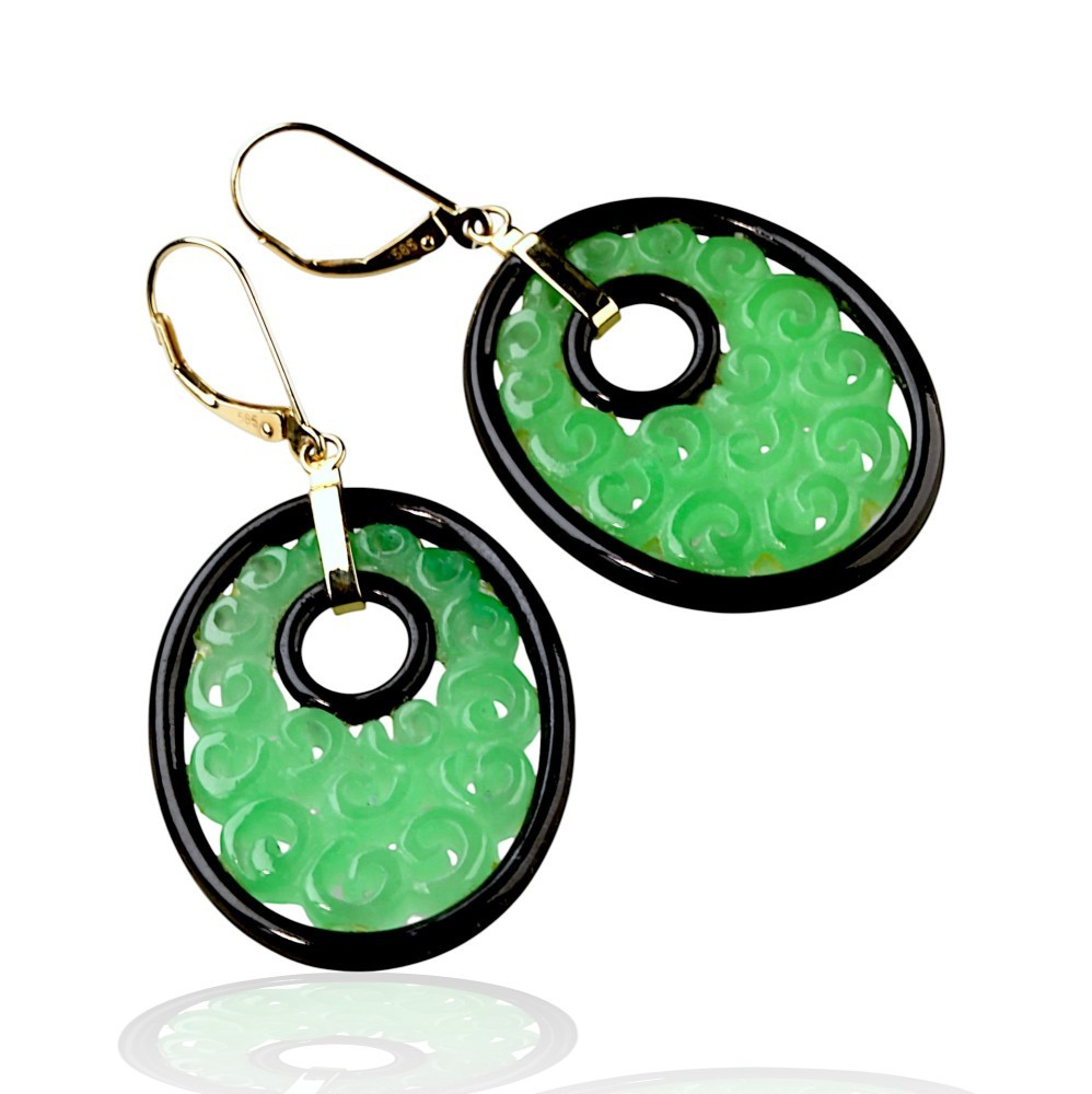 14K Gold Green Jade and Onyx Carved Disc Earrings