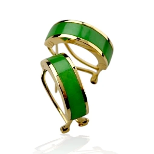 14K White Gold Green Jade Segment Omega Back Earrings