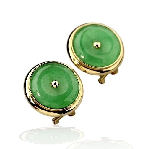 14K Gold Green Jade Disc Omega Back Earrings
