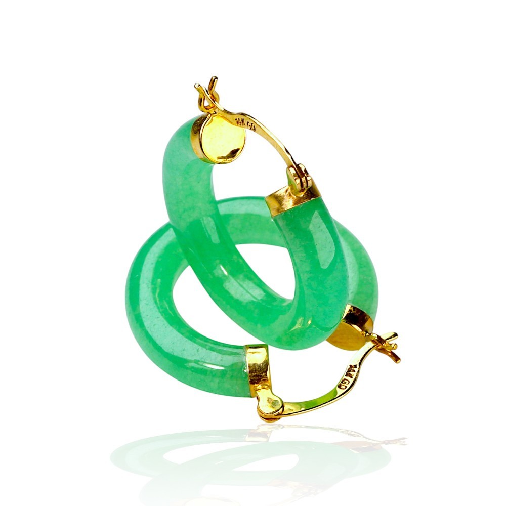 14K Gold Green Jade Lever Backs Hoop Earrings