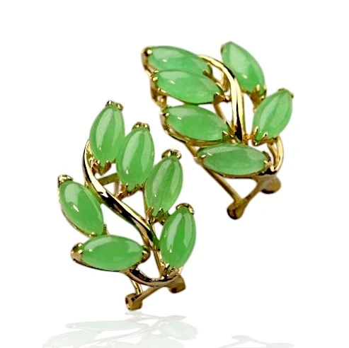 14K gold green jade leaf earrings with marquise jadeite stones