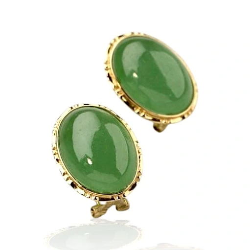 14K Gold Green Jade Oval Cabochon Omega Back Earrings