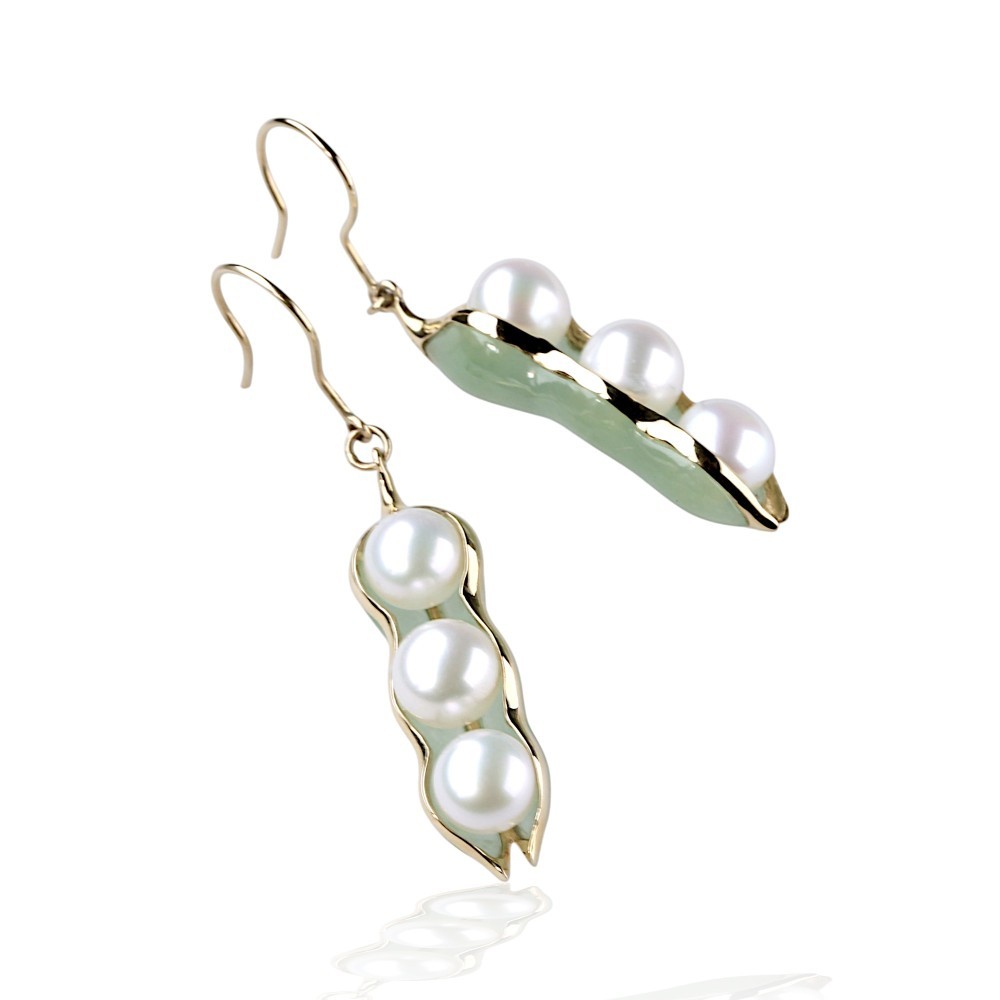 14K Gold Green Jade Peapod Pearl Dangling Earrings
