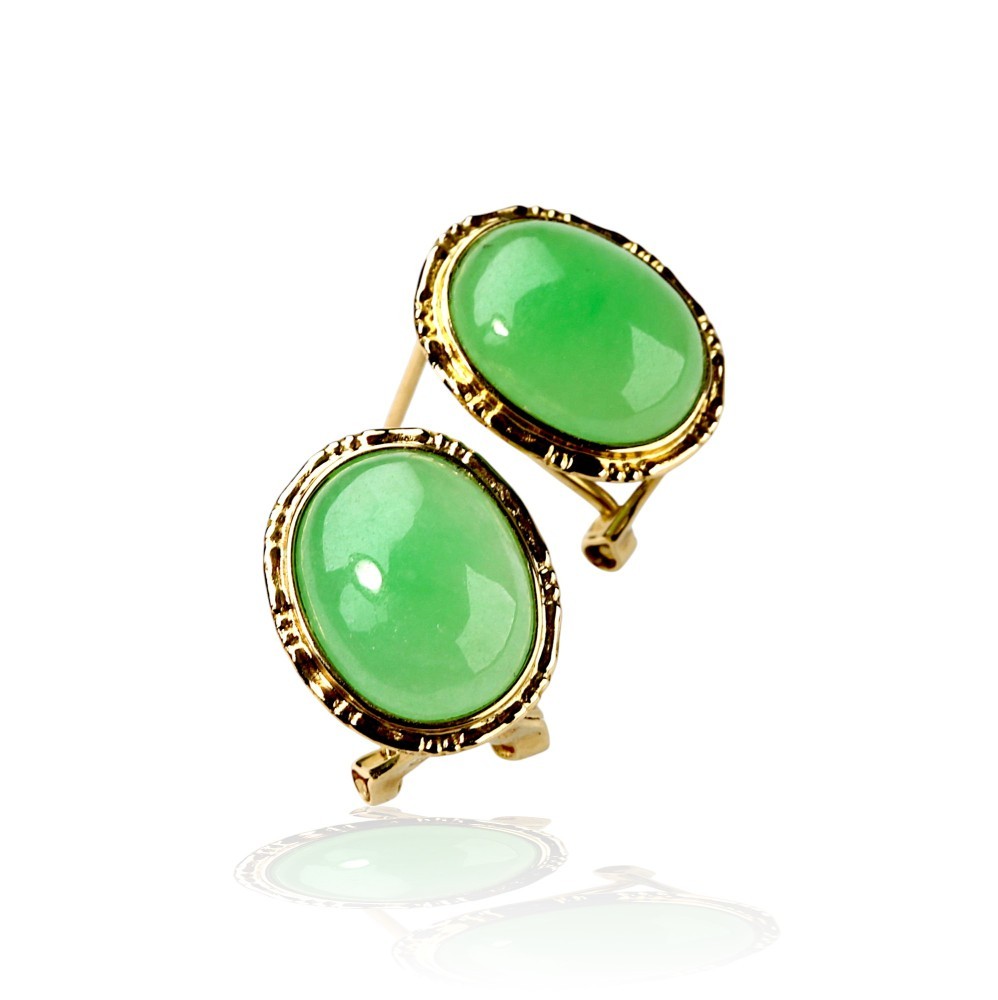 14K Gold Oval Green Jade Omega Back Earrings