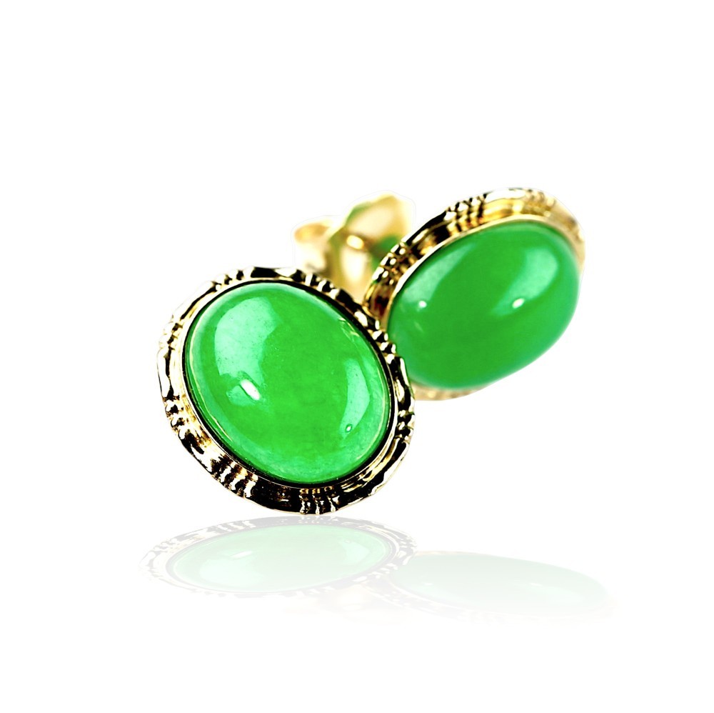 14K Gold Oval Green Jade Textured Stud Earrings