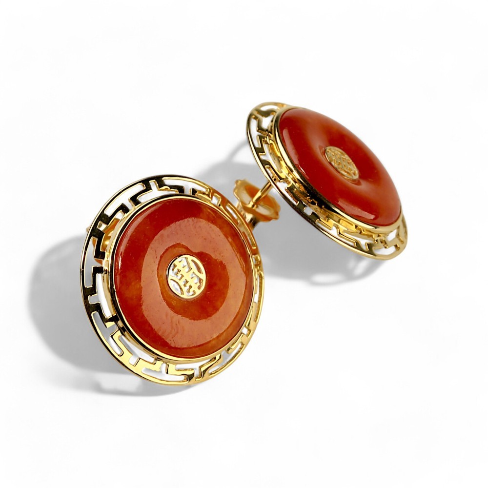 14K Gold Red Jade Disc Earrings in a gold Greek‑key motif