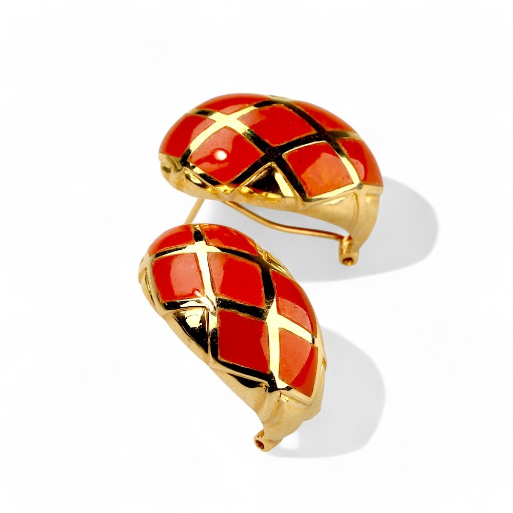 14K Gold Red Jade Omega Back Earrings
