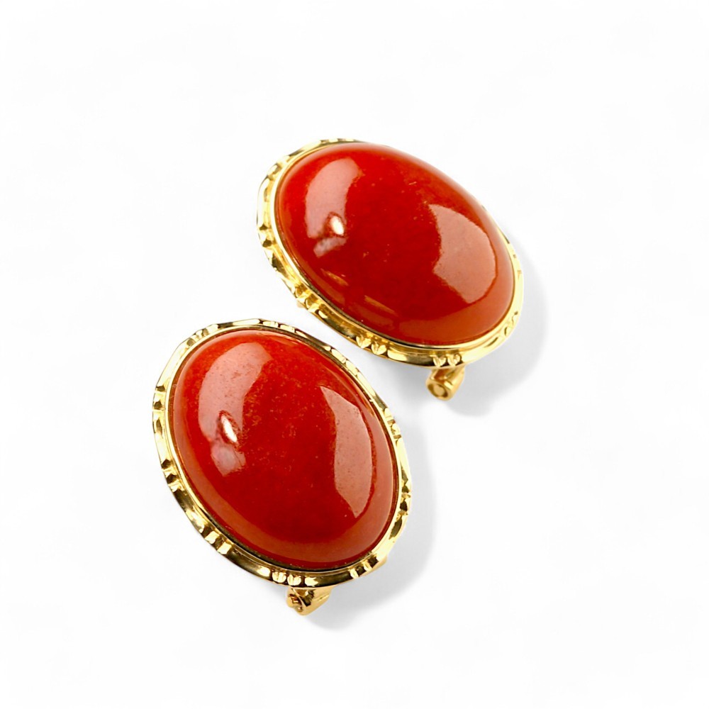 14K Gold Red Jade Oval Cabochon Earrings