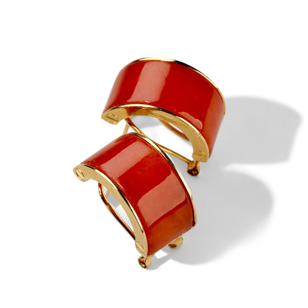 14K gold red jade omega back earrings with curved segment design