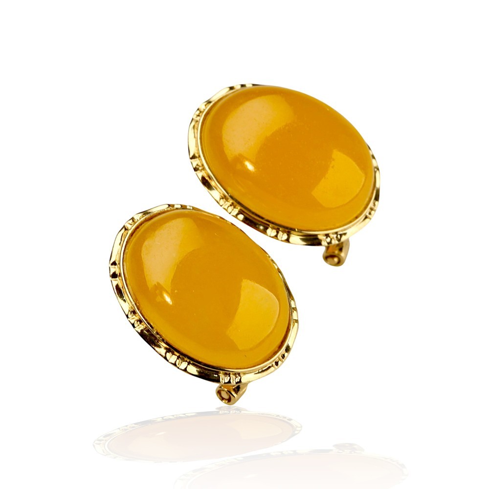14K Gold Yellow Jade Oval Cabochon Earrings