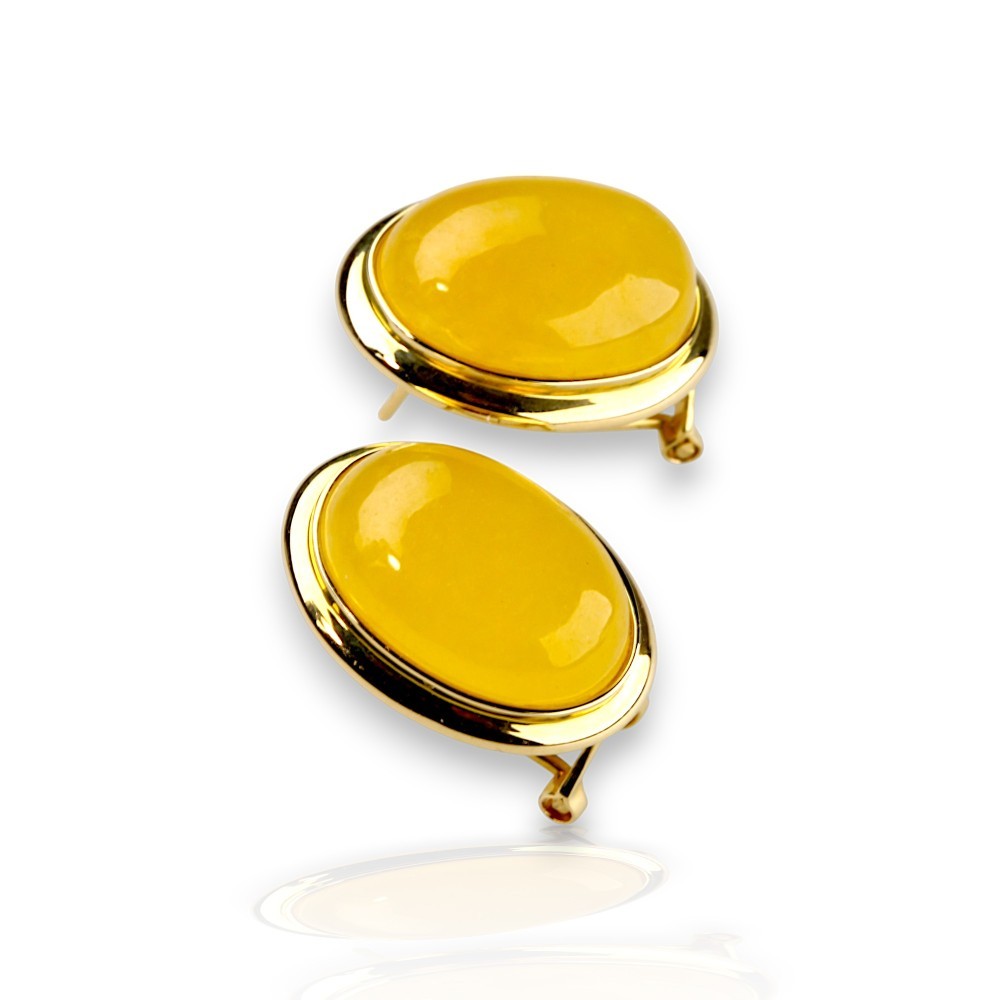 14K Gold Yellow Jade Oval Cabochon Omega Back Earrings