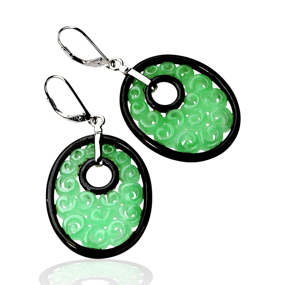 Green Jade & Black Onyx Carved Disc Earrings in Sterling Silver