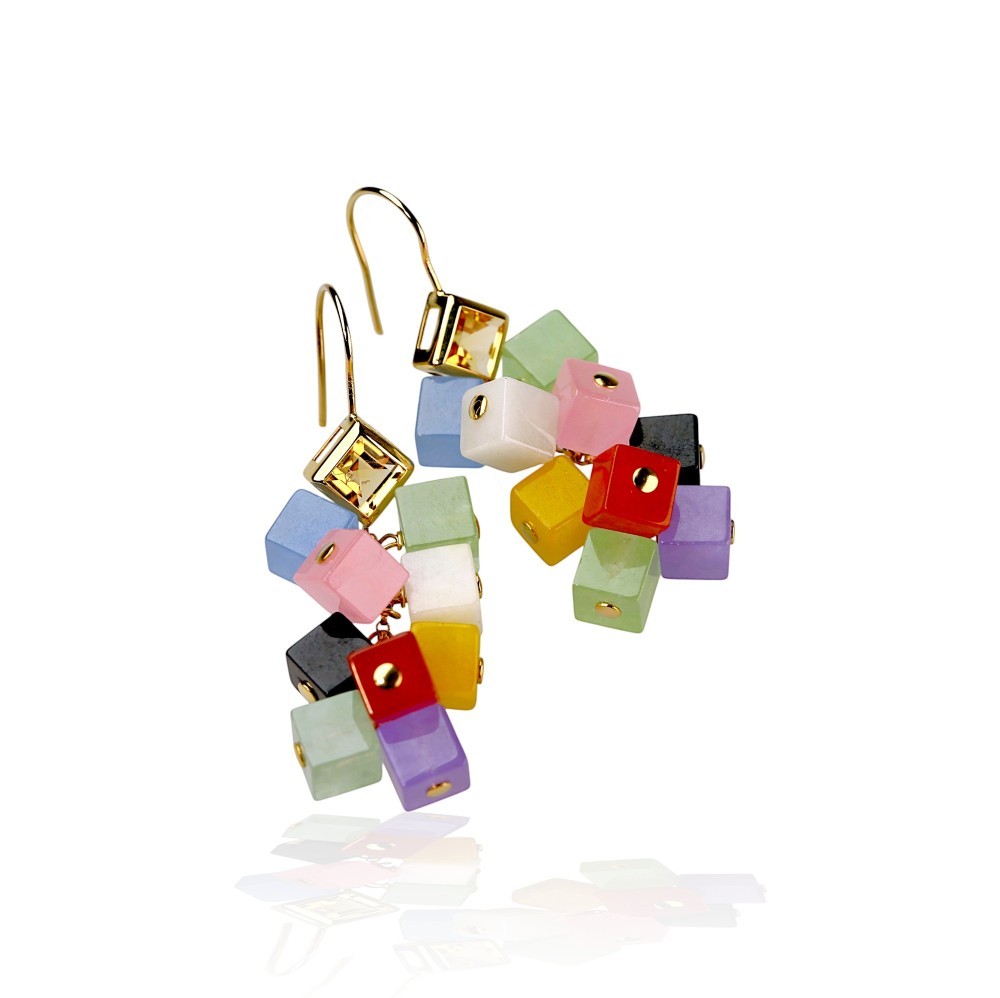 14K Gold Multi-Color Jade Cube Dangle Dangle Earrings