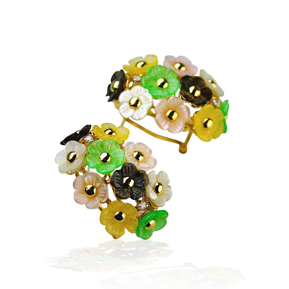 14K Gold Multi-Color Jade Flower Cluster Earrings