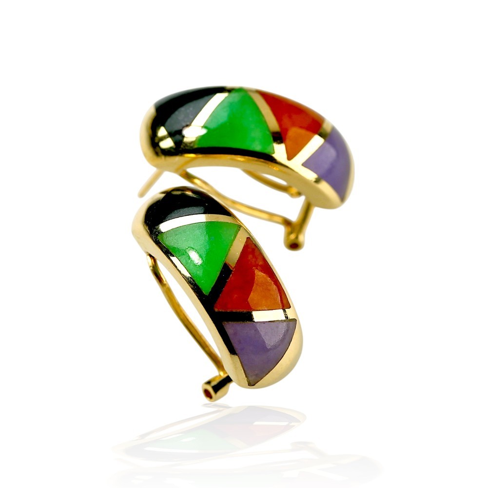 14K Gold Multi-Color Jade Geometric Earrings, omega back
