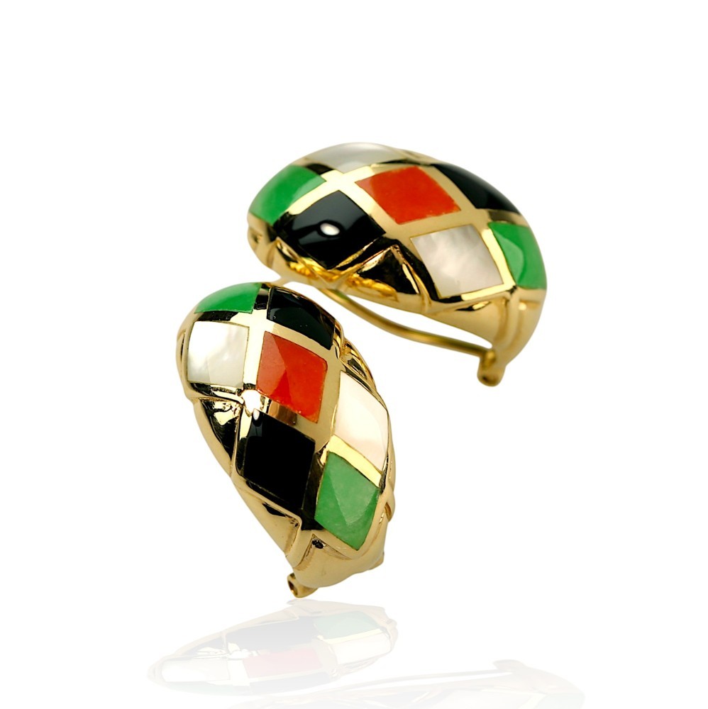 14K Gold Multi-Color Jade Mosaic Earrings, omega back