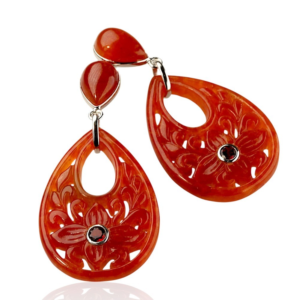 Red Jade & Garnet Carved Teardrop Earrings in Sterling Silver