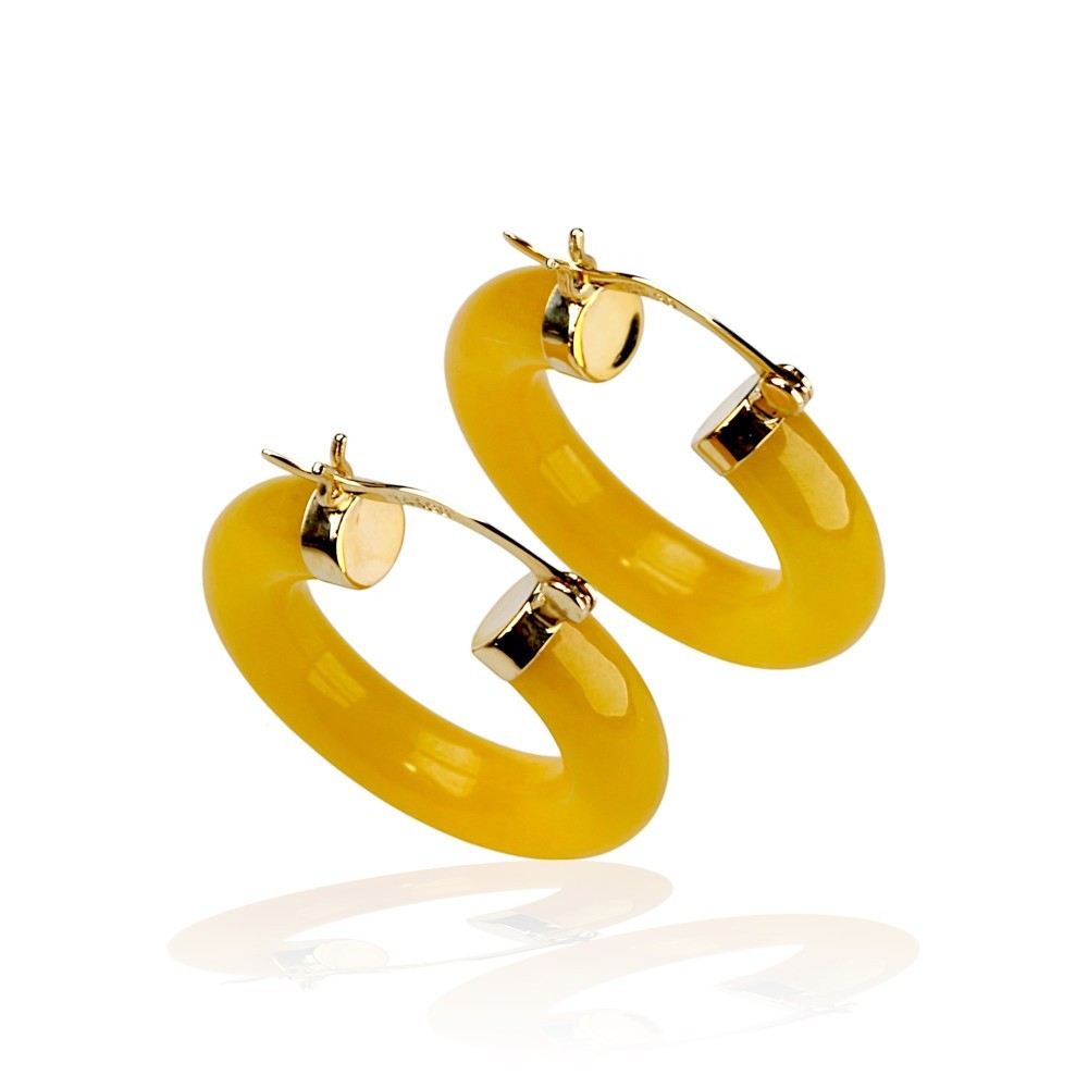 14K Gold Yellow Tubular Jade Hoop Earrings, Lever Backs