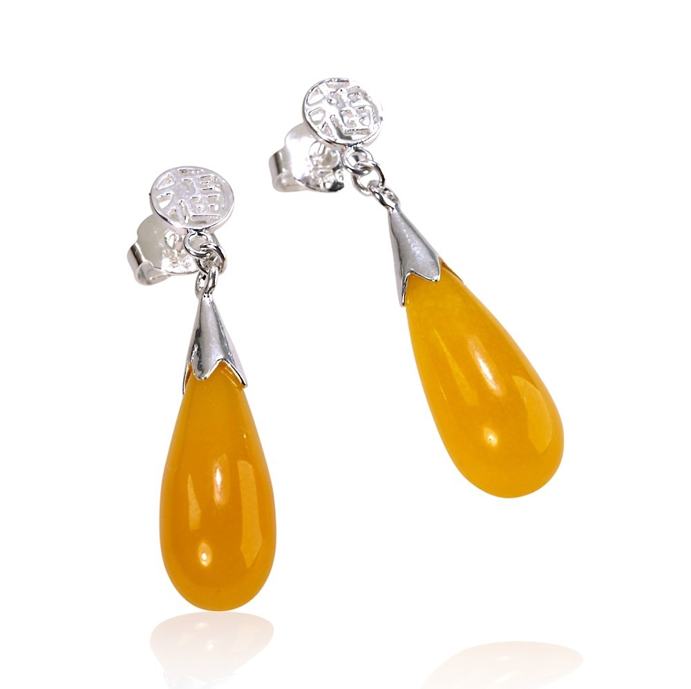 Yellow Jade Teardrop Earrings in 925 Sterling Silver