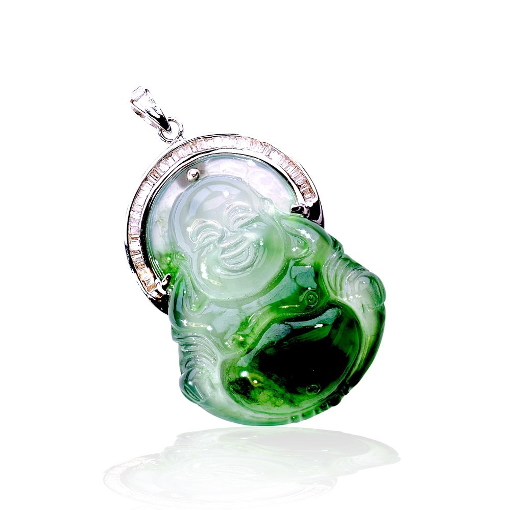 Imperial Green Jade Buddha Pendant in 18K White Gold