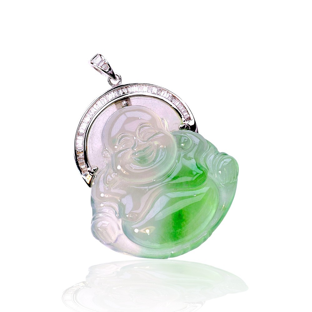 Imperial Green Jade Buddha Pendant in Solid 14K White Gold