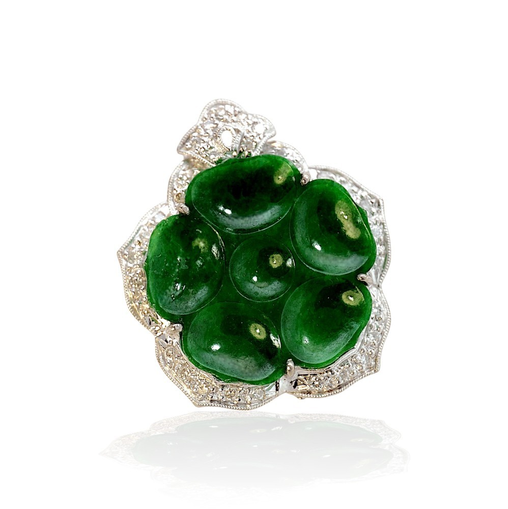 Solid 18K White Gold Imperial Green Jade Lotus Flower Pendant