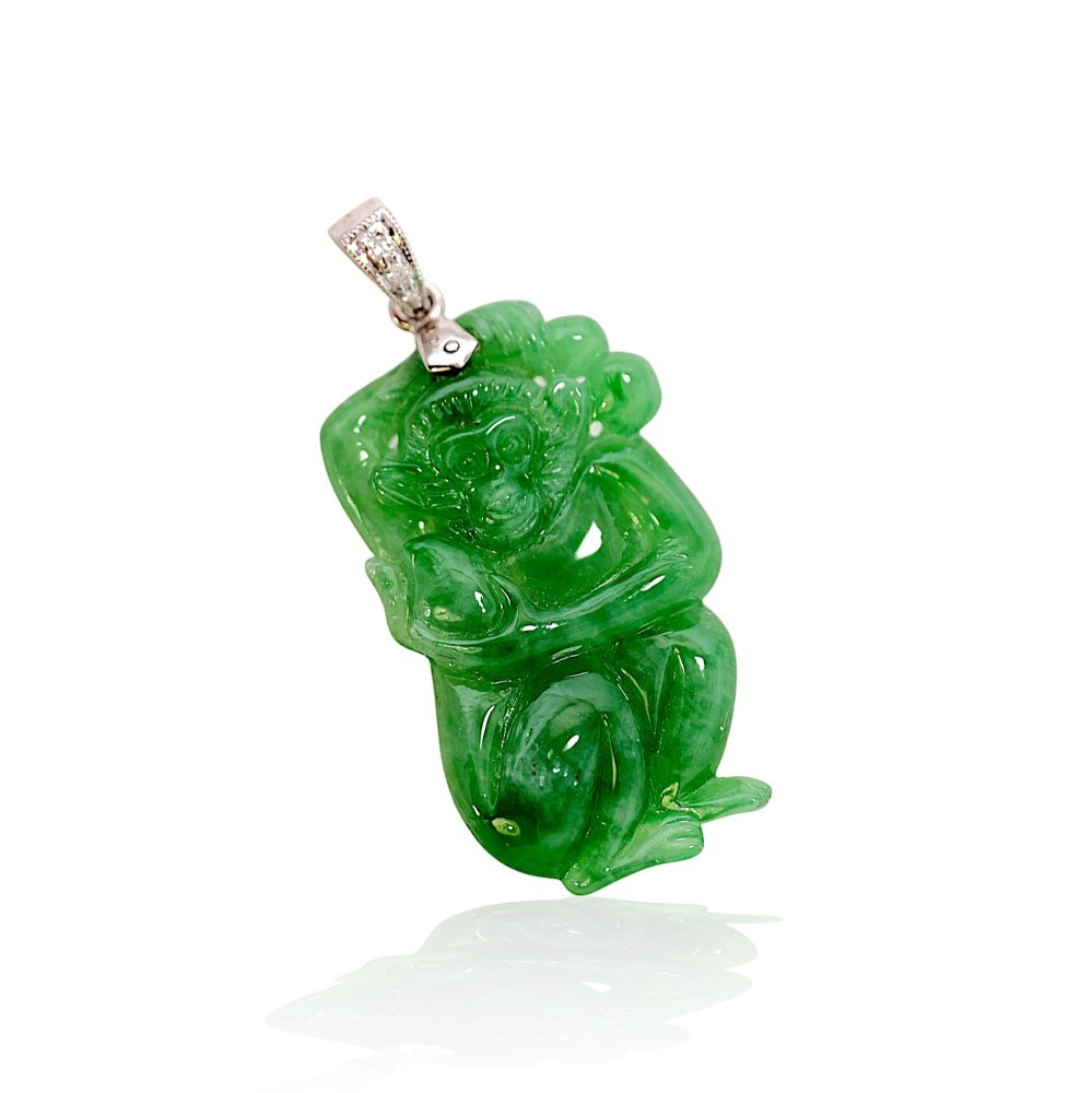 Solid 18K White Gold Imperial Green Jade Monkey Pendant